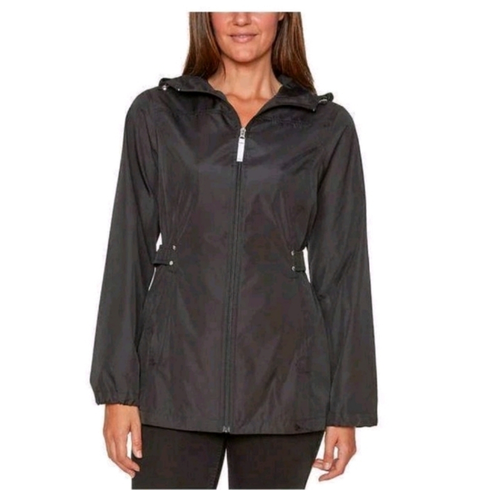 City Slick Black Windbreaker Hooded Lightweight Zip Jacket Jones New York XS